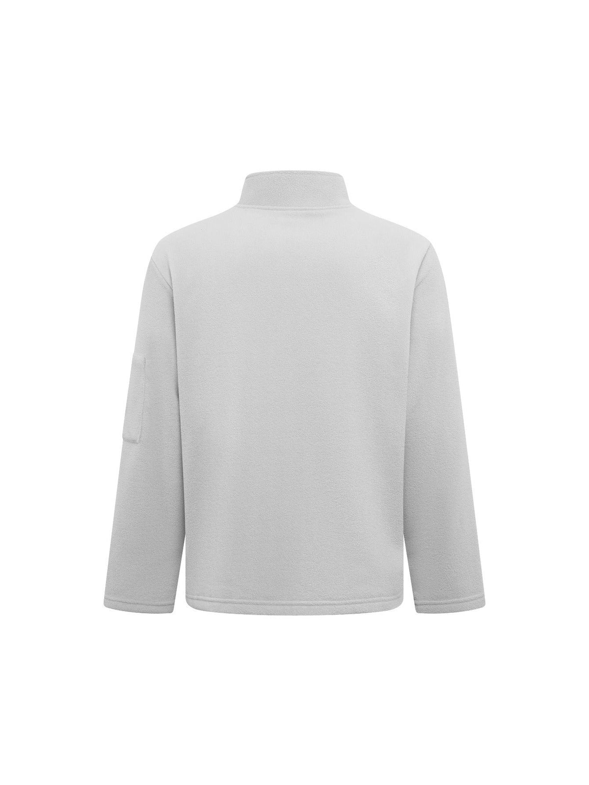 Back view of the light grey fleece jacket, showing a plain back, stand collar and the sleeve pocket on the left arm. 8