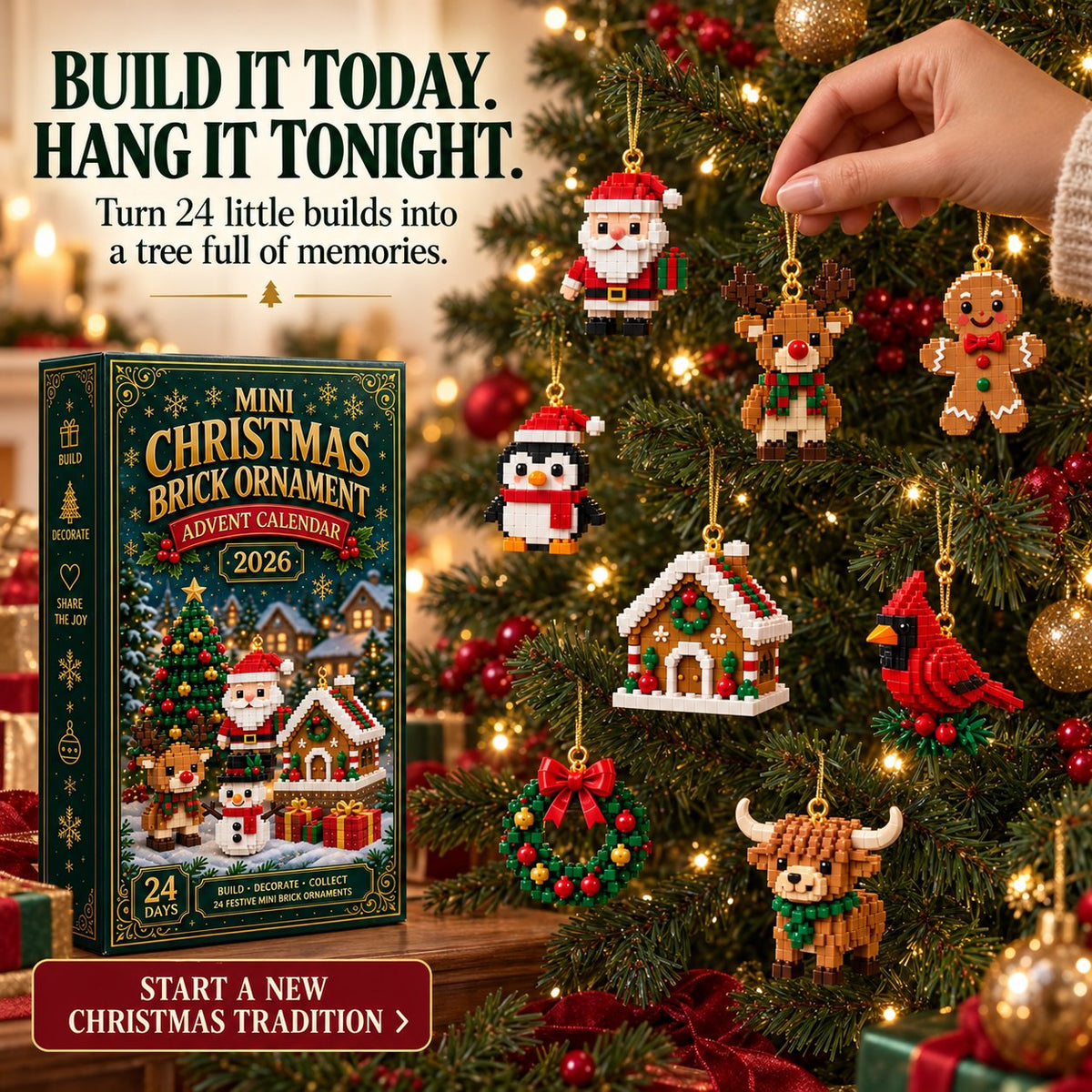 A hand hangs a brick ornament on a decorated Christmas tree among Santa, reindeer, penguin, gingerbread house, cardinal, wreath and Highland cow, with the box b 4