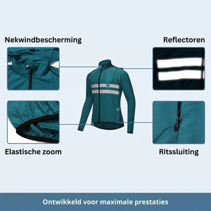 Teal jacket front with close-ups of the collar, reflective stripes, elasticated hem and zip pocket. 11