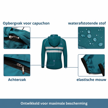 Teal jacket back with close-ups of the hood storage pocket, rear zip pocket, water-repellent fabric beading and elasticated cuff. 12