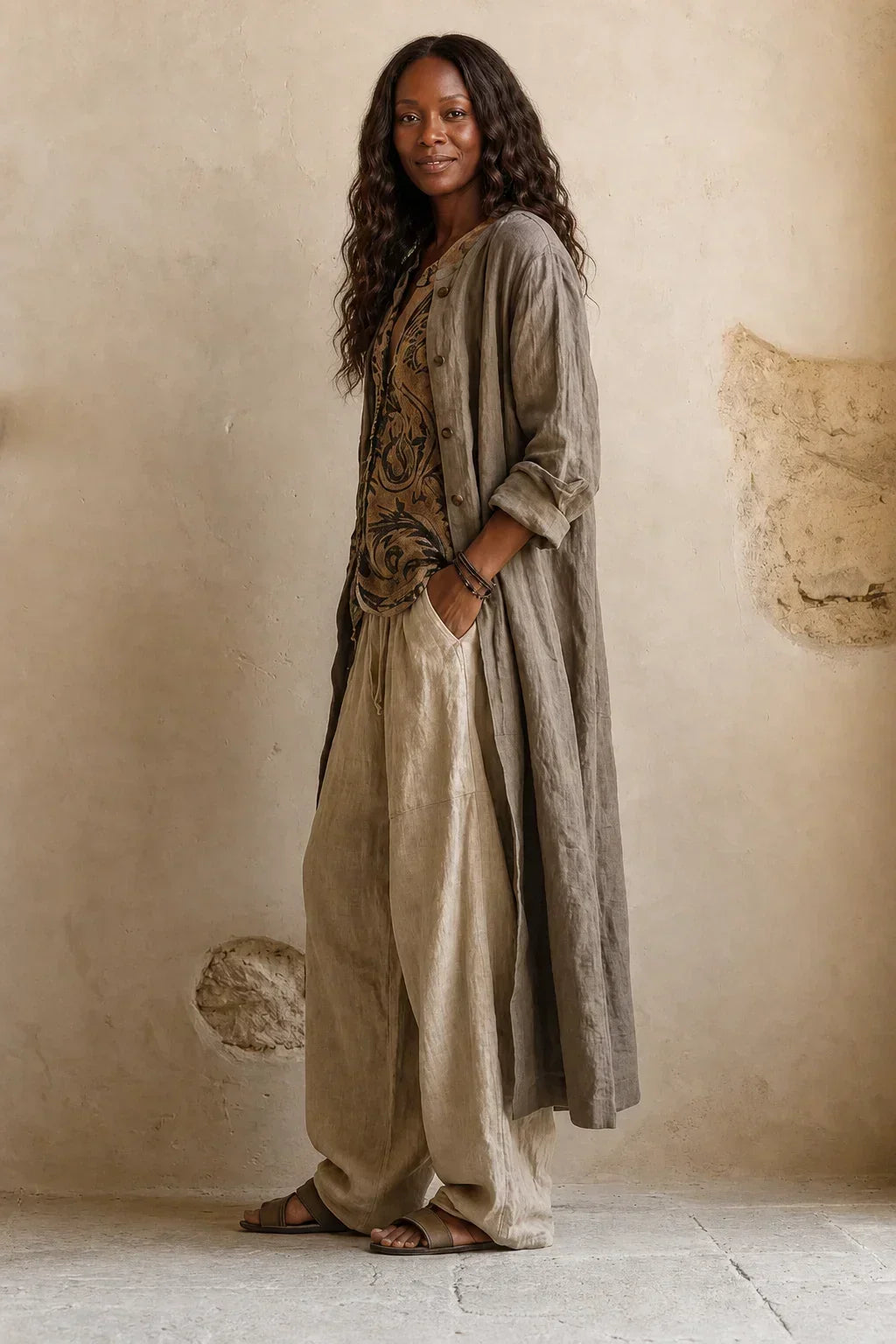Side view of the model in the long buttoned cardigan, patterned top and wide trousers, showing the relaxed length and drape. 4