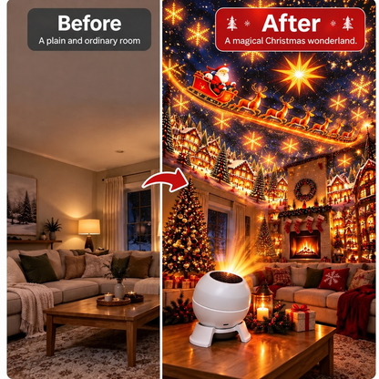 Before-and-after comparison of a plain living room beside the same room covered in projected Christmas scenery from the white projector. 3