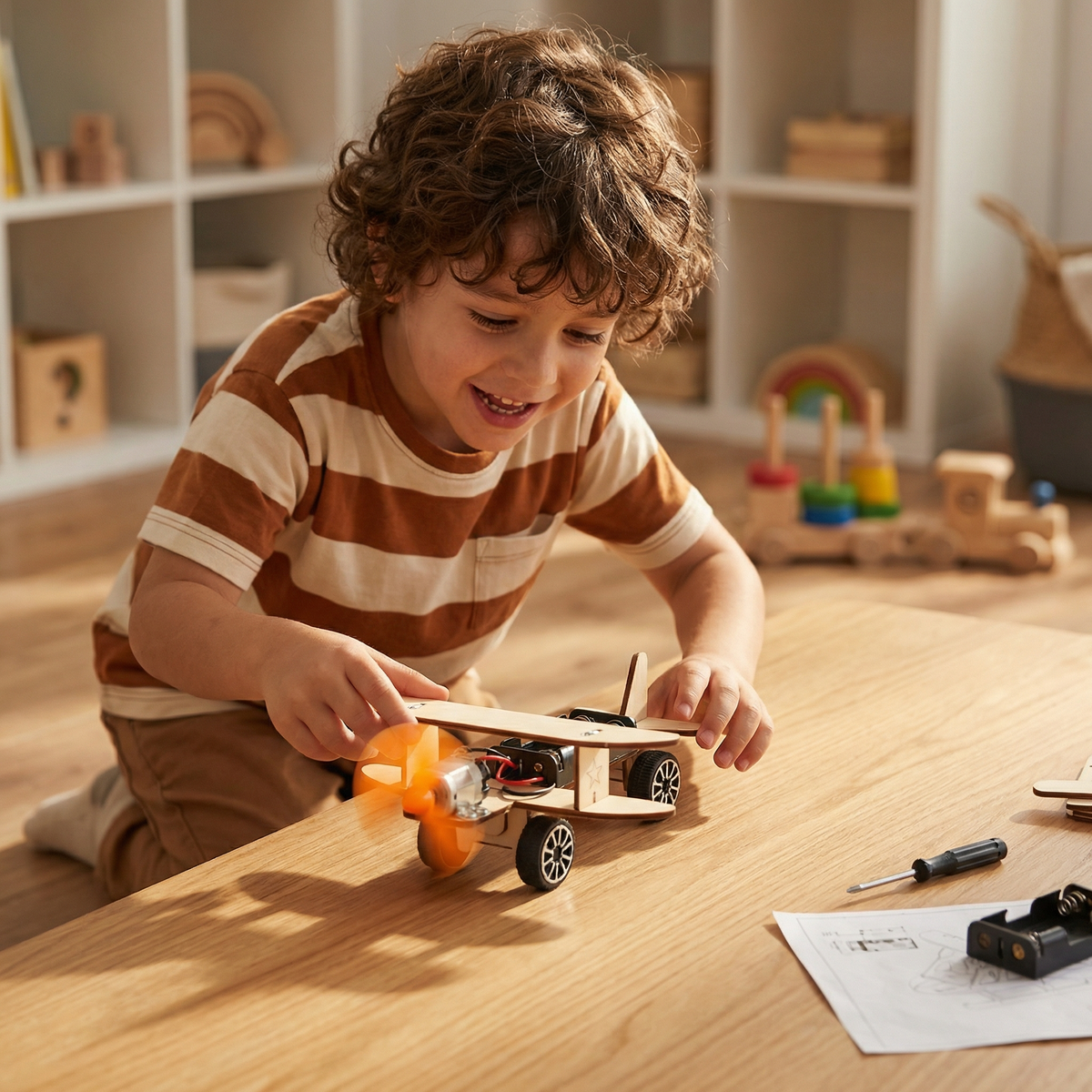 Laughing boy plays with a wooden biplane model with wheels and a spinning orange propeller, tools and battery holder beside it. 5