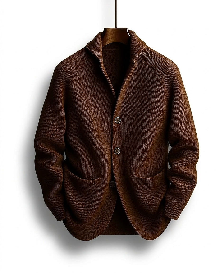 Brown ribbed cardigan with shawl collar, three buttons and two patch pockets, hanging on a wooden hanger, seen from the front. 1