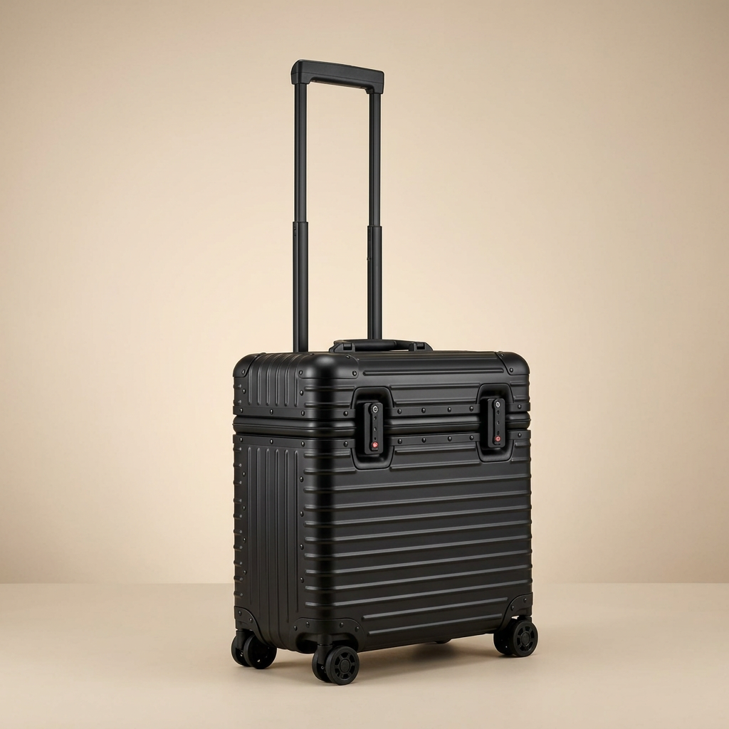Black ribbed case with extended handle and four spinner wheels against a soft beige studio background 11