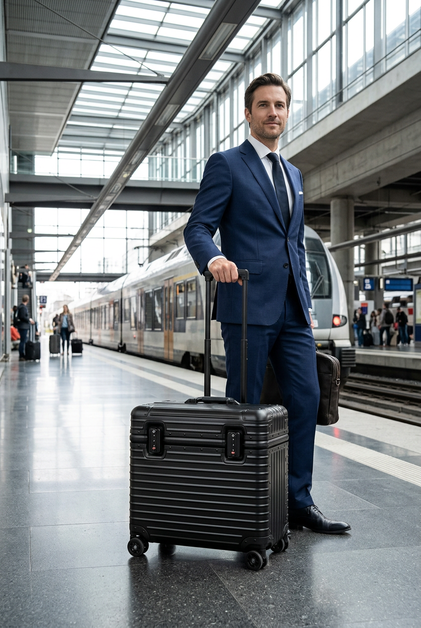 Man in a navy suit stands beside a black ribbed case on a station platform 1