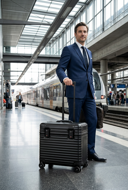 Man in a navy suit stands beside a black ribbed case on a station platform 1
