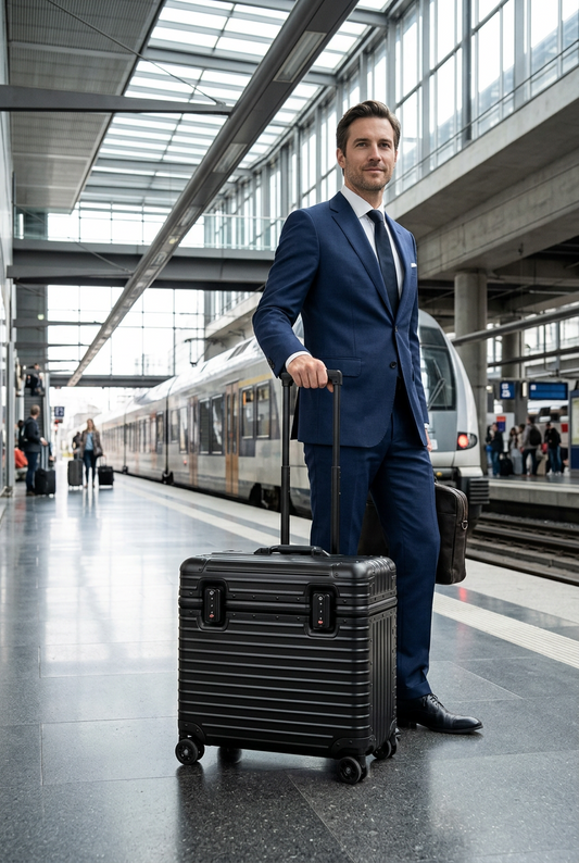 Man in a navy suit stands beside a black ribbed case on a station platform 1