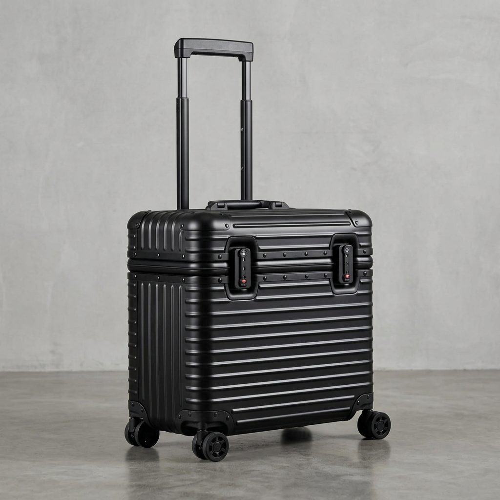 Matte black case with extended handle and twin front locks, photographed at an angle on concrete 12