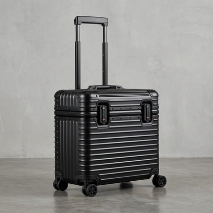 Matte black case with extended handle and twin front locks, photographed at an angle on concrete 12