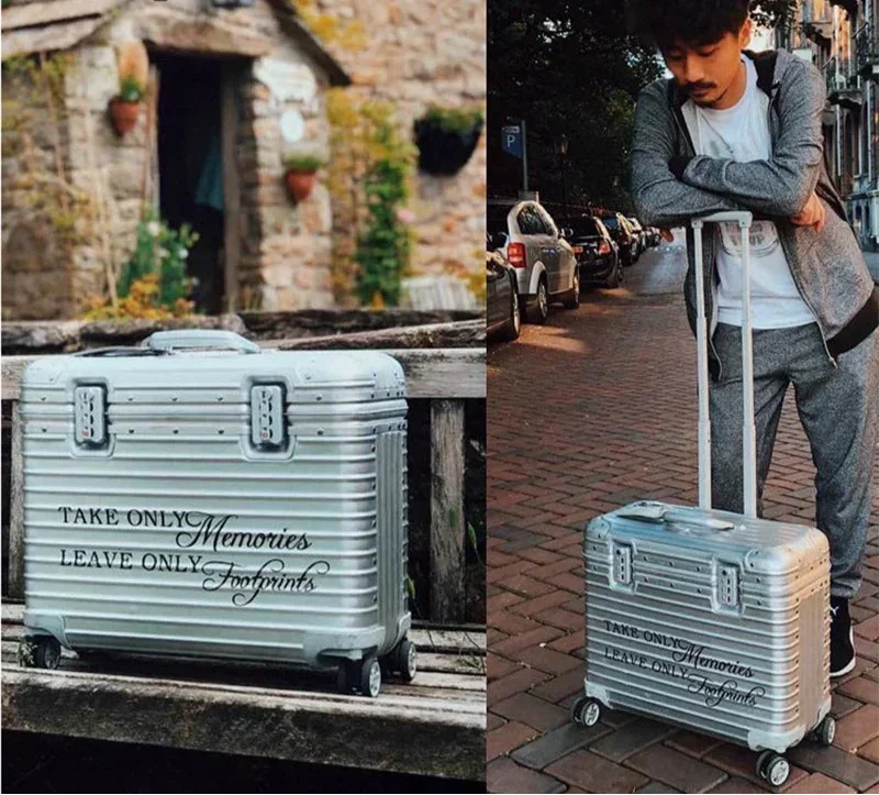Silver ribbed case with a printed slogan, shown on a wooden bench and beside a man holding its handle 2