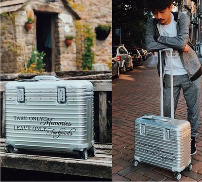Two views of a silver ribbed case with a slogan decal, on a wooden bench and with a man 3