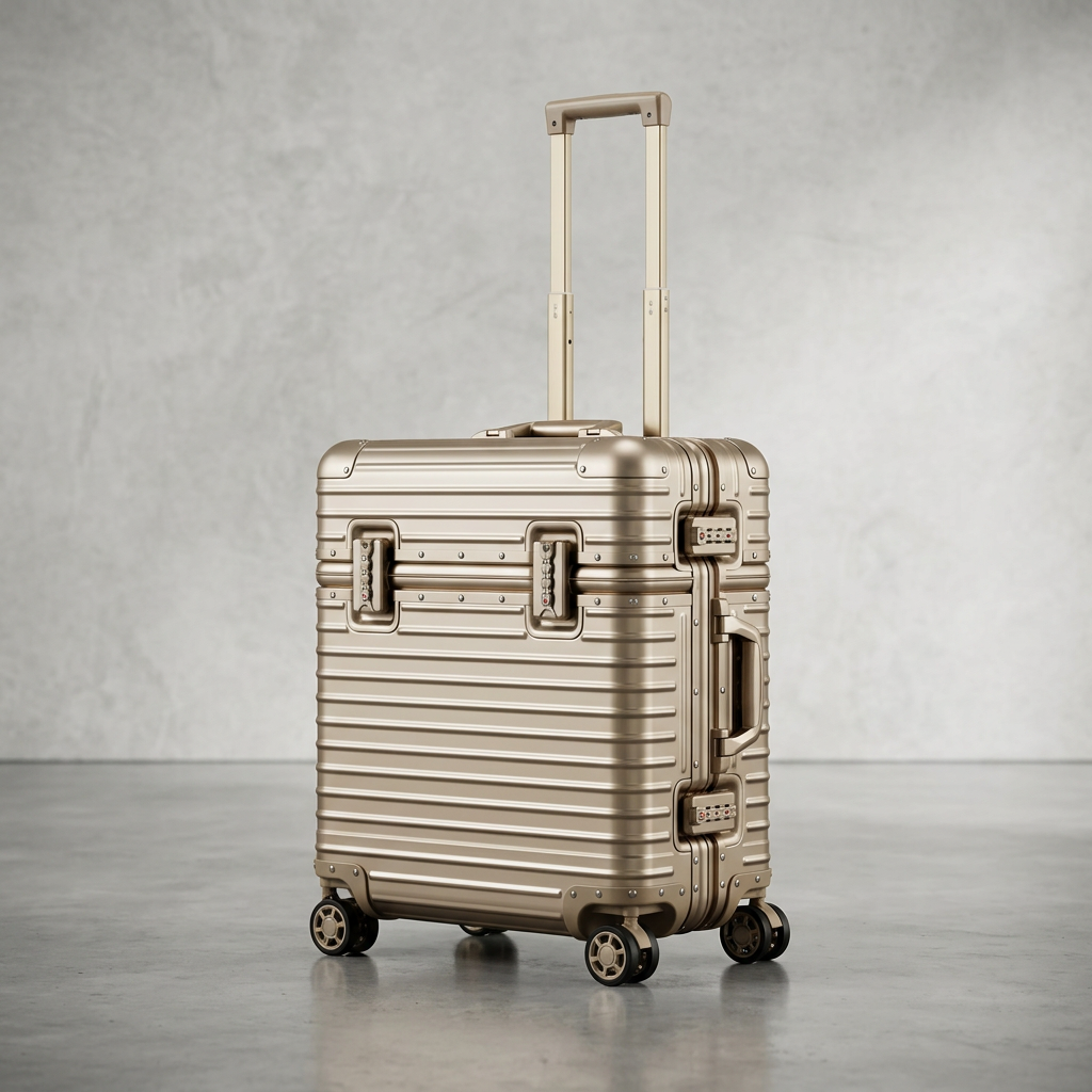 Champagne-gold ribbed case with extended handle, side carry handle and four wheels against a grey wall 13