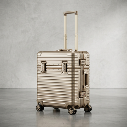 Champagne-gold ribbed case with extended handle, side carry handle and four wheels against a grey wall 13