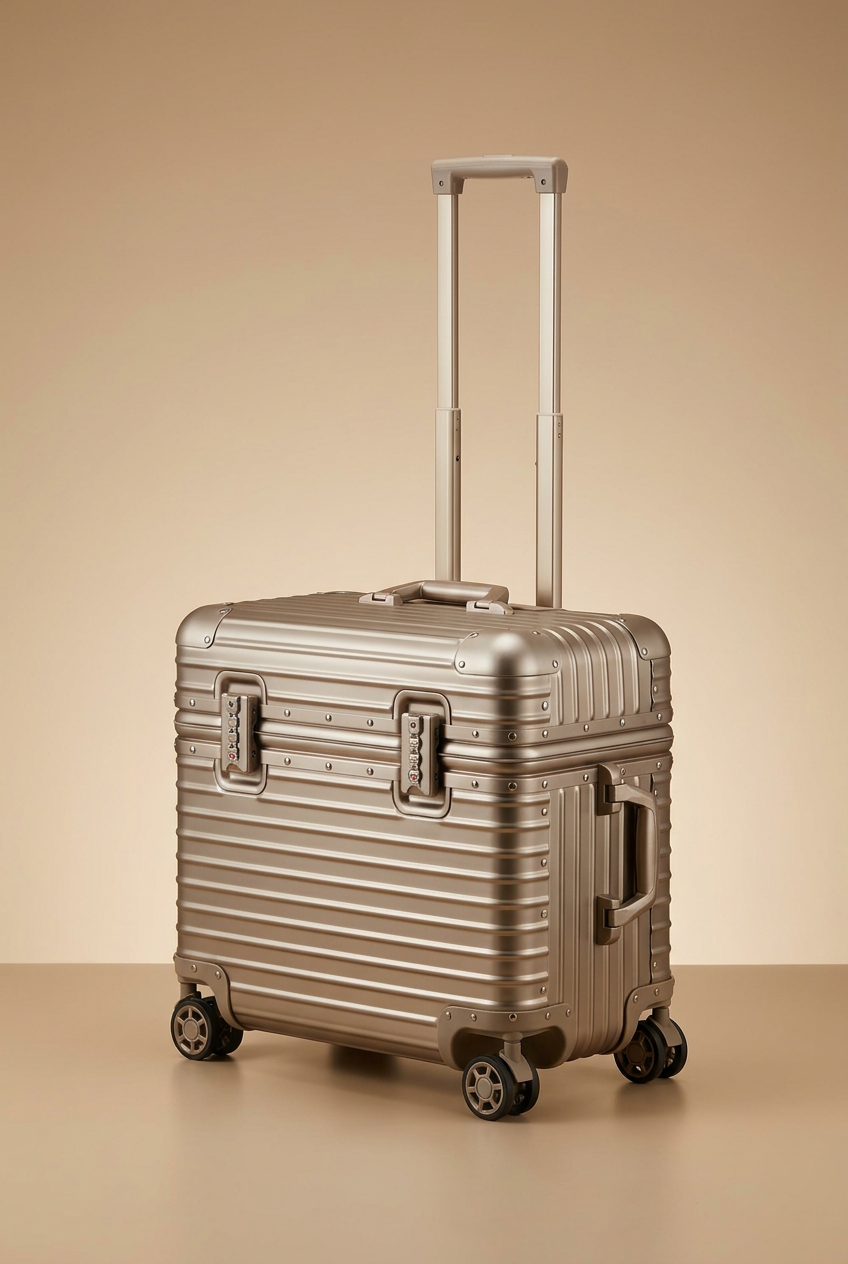 Champagne-gold ribbed case with extended handle, twin locks, side handle and spinner wheels in a studio shot 13