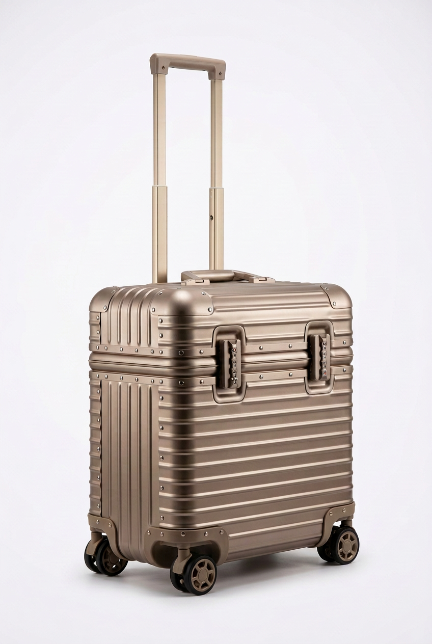 Champagne gold ribbed metal case at an angle, with extended telescopic handle, twin combination locks and spinner wheels 1