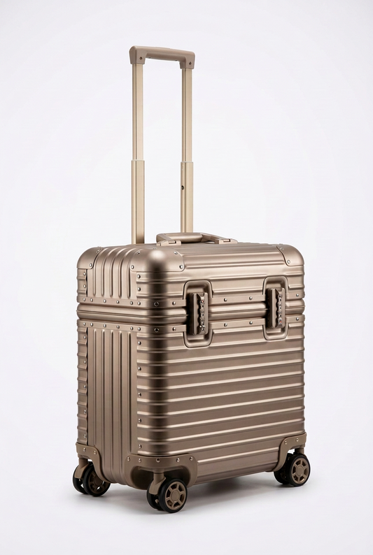 Champagne gold ribbed metal case at an angle, with extended telescopic handle, twin combination locks and spinner wheels 1