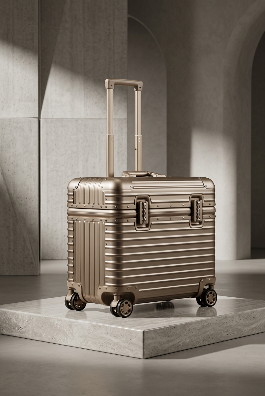 Champagne gold case with extended handle on a stone plinth in a concrete interior 11