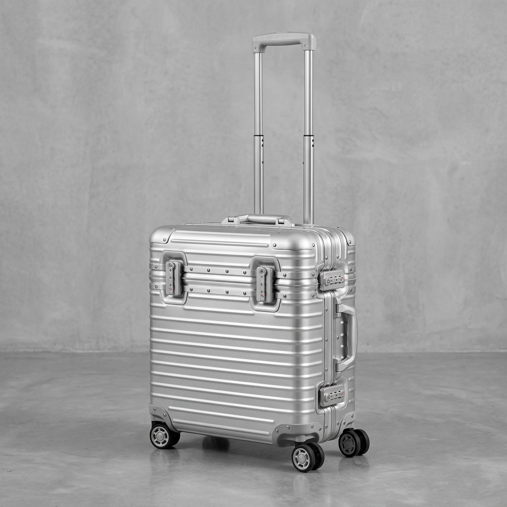 Silver case with extended telescopic handle, side latches and four spinner wheels on a concrete floor 11