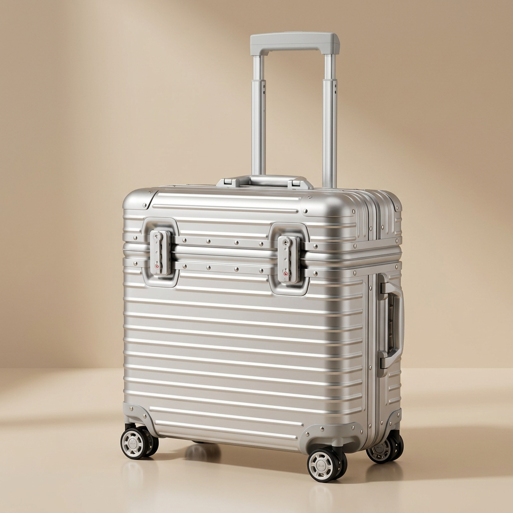 Silver ribbed case with extended handle, twin locks, side handle and spinner wheels on a beige background 12