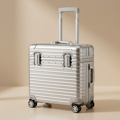 Silver ribbed case with extended handle, twin locks, side handle and spinner wheels on a beige background 12