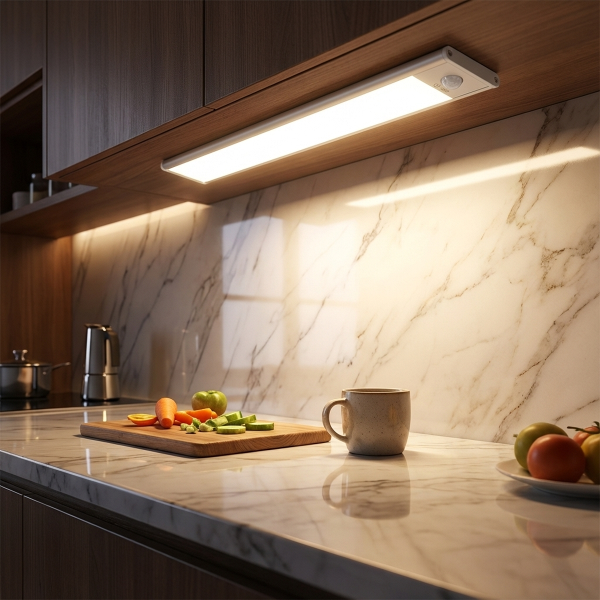 Slim light bar fixed under a wooden kitchen cabinet, glowing warm white over a marble splashback, chopping board and mug. 1