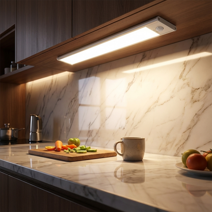 Slim light bar fixed under a wooden kitchen cabinet, glowing warm white over a marble splashback, chopping board and mug. 1
