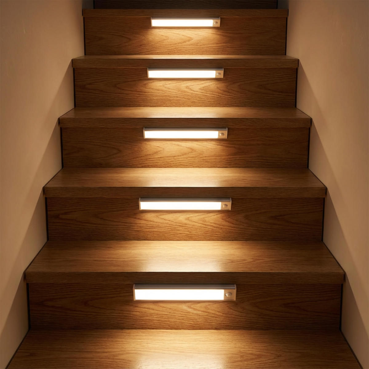 Row of light bars mounted on the risers of a wooden staircase, each casting a warm glow onto the steps. 2