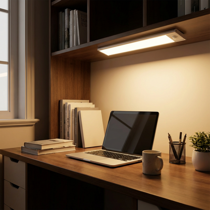 Light bar under a bookshelf above a wooden desk, illuminating a laptop, books, pen pot and plant. 4