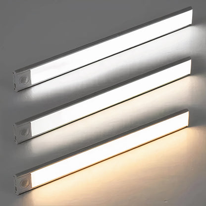 Three light bars stacked against a grey background, showing cool white, neutral white and warm white lighting colours. 6
