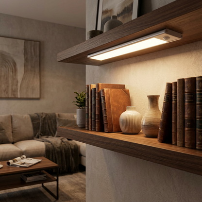 Light bar fitted beneath a floating wooden shelf in a living room, warmly lighting leather-bound books and ceramic vases. 5