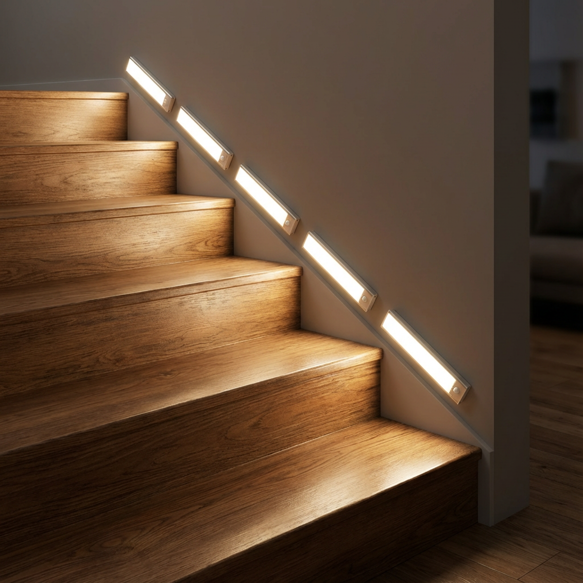 Five light bars fixed diagonally along a wall beside a wooden staircase, lighting each step with a warm glow. 3