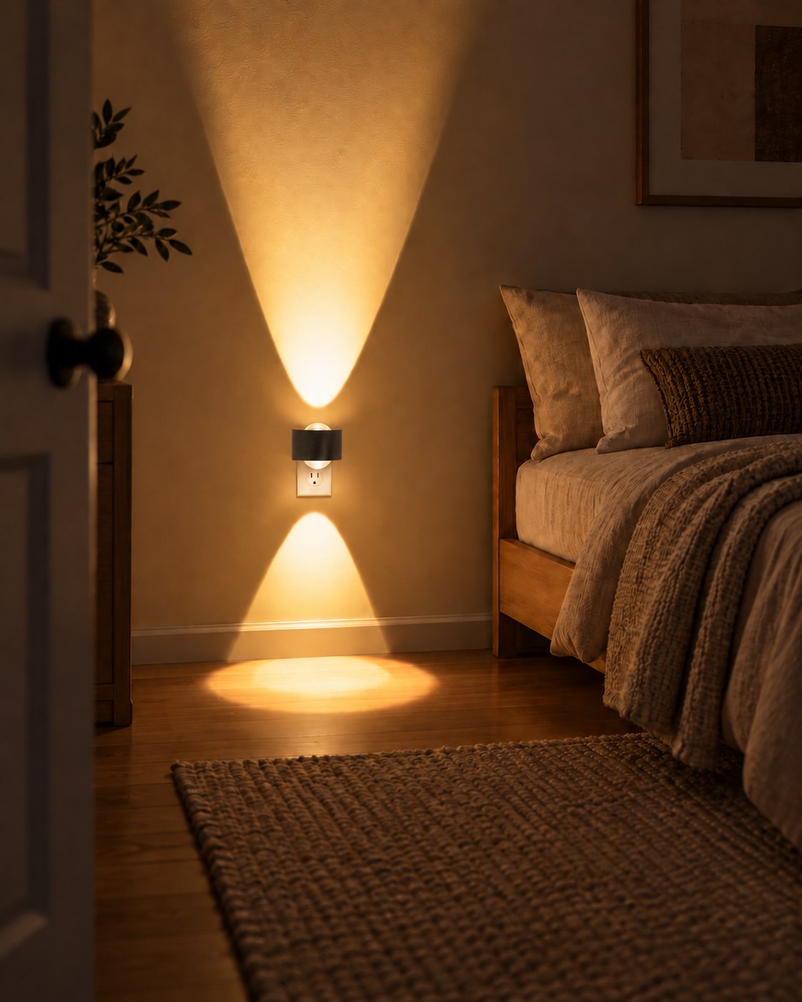 Black plug-in light on a bedroom wall, its glow reaching the ceiling and wooden floor 2
