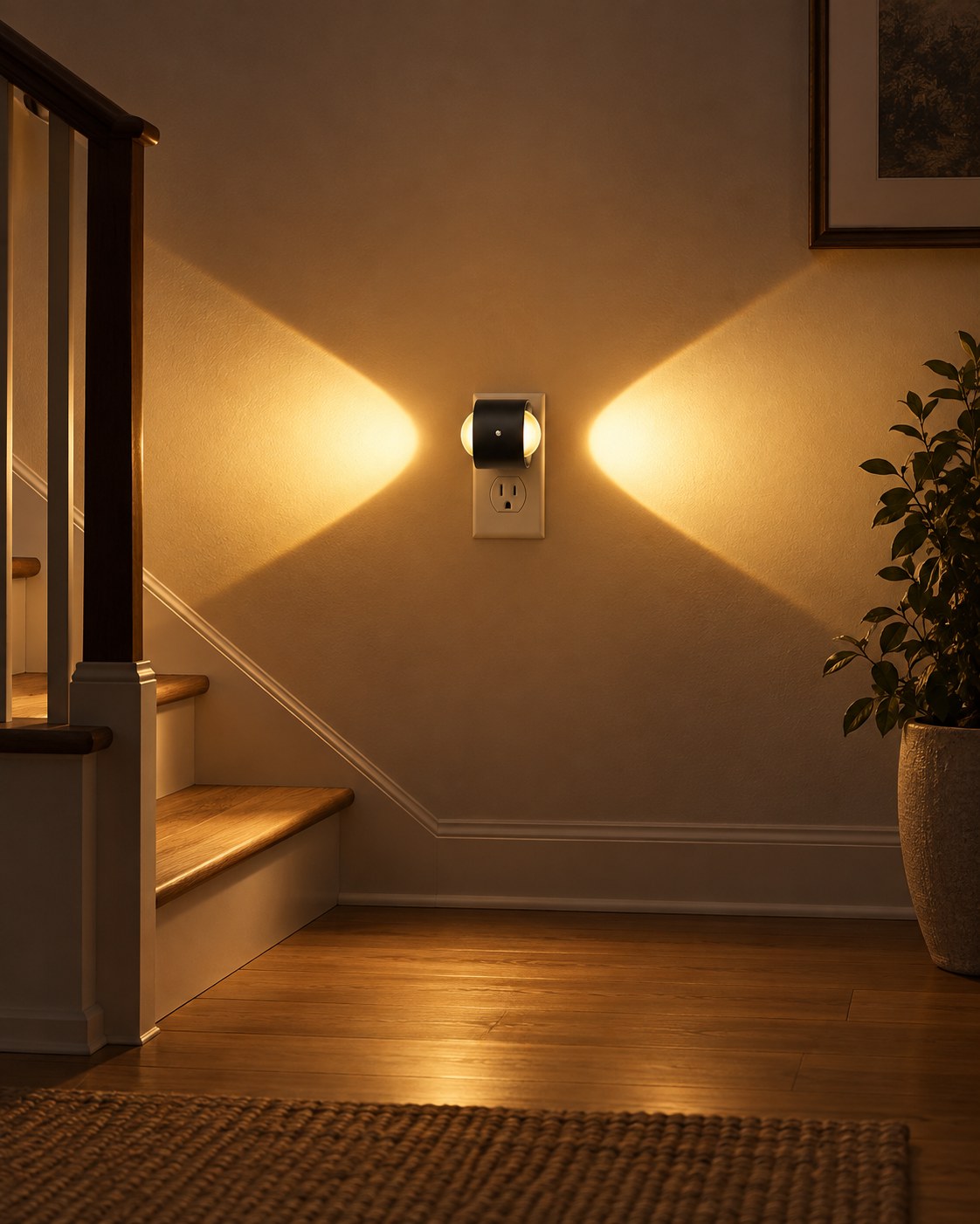 Light mounted by a staircase, throwing warm beams sideways across the hallway wall 3
