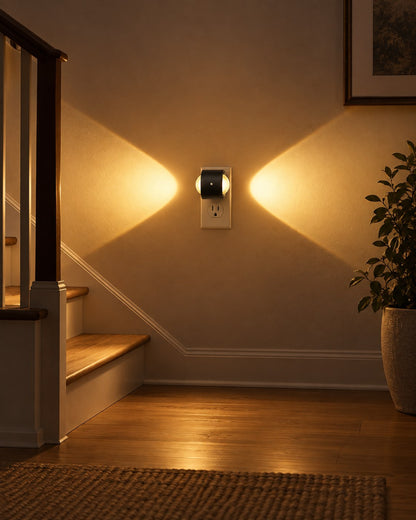 Light mounted by a staircase, throwing warm beams sideways across the hallway wall 3
