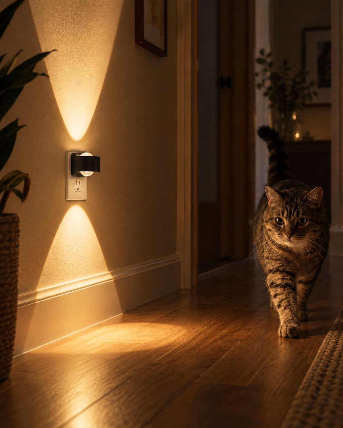 Light glowing in a hallway at night as a tabby cat walks past 4