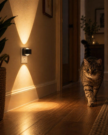 Light glowing in a hallway at night as a tabby cat walks past 4