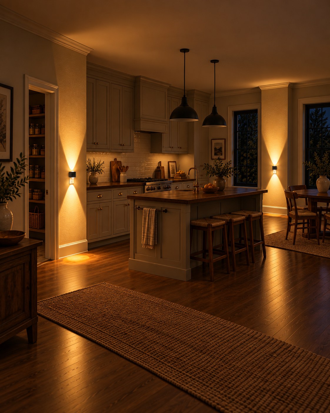 Two of the plug-in lights glowing on the walls of a dim, open-plan kitchen 5