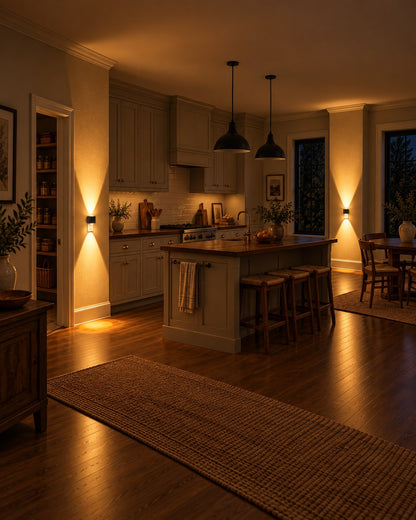 Two of the plug-in lights glowing on the walls of a dim, open-plan kitchen 5