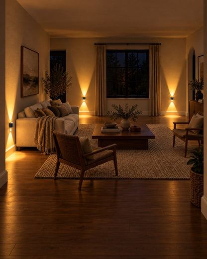Several plug-in lights lighting the walls of a softly lit living room at night 6