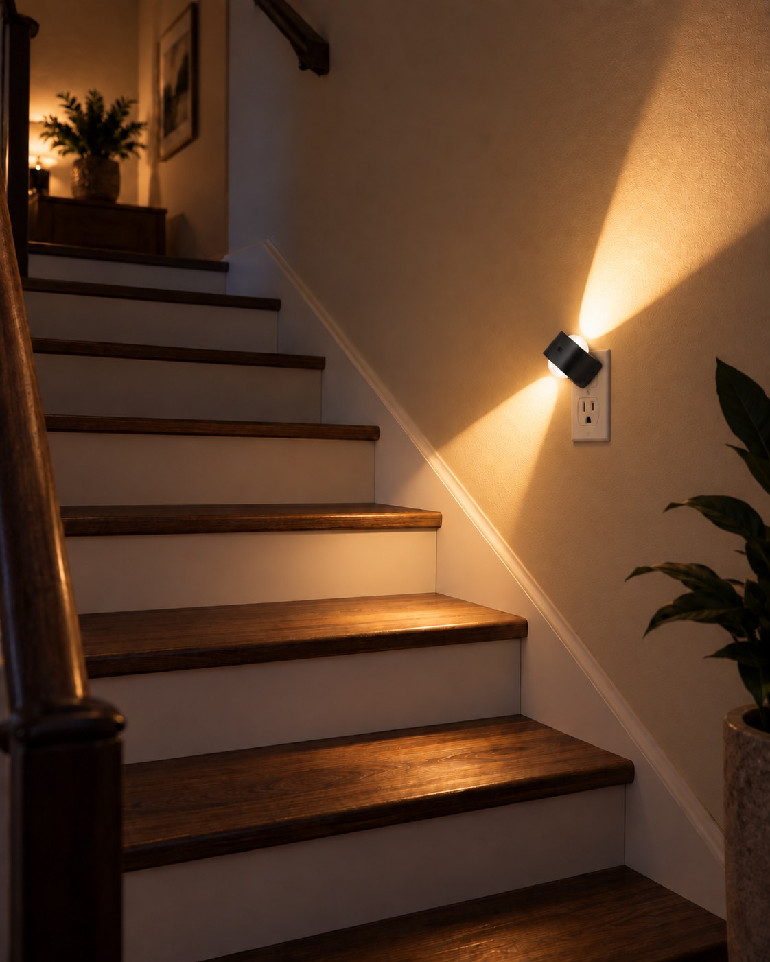Light angled on a wall beside a staircase, illuminating the wooden steps 7