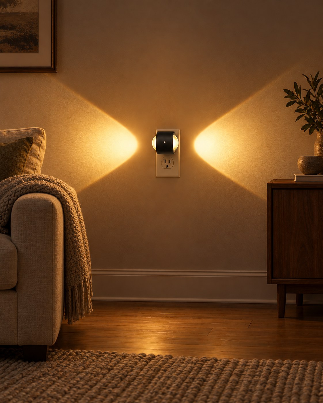 Plug-in light turned sideways on a living room wall, glowing between a sofa and cabinet 8
