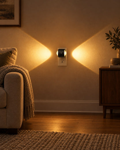 Plug-in light turned sideways on a living room wall, glowing between a sofa and cabinet 8