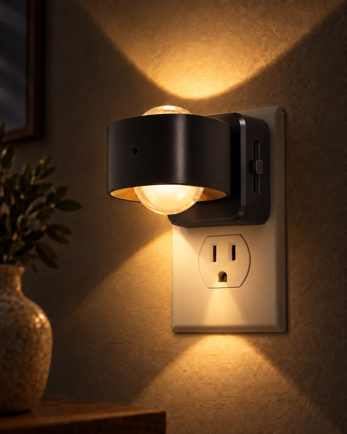 Close-up of the black plug-in light glowing warmly, casting beams up and down the wall 1