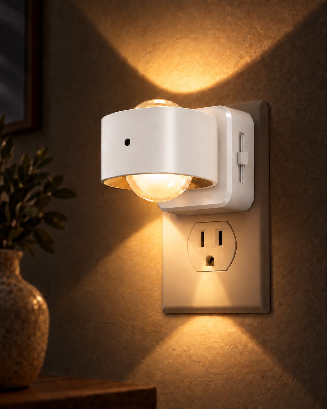 Close-up of the white version of the light, glowing up and down beside a slider switch 9