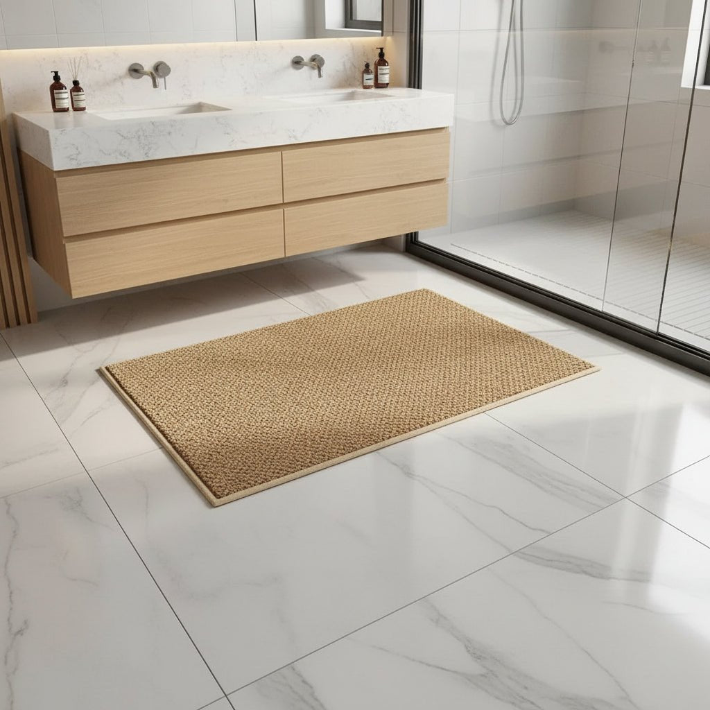 Tan textured mat on white marble tiles in front of a light oak double vanity 4