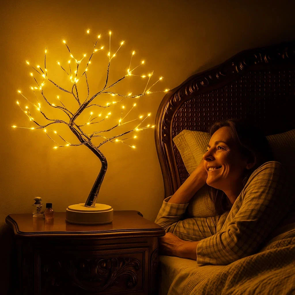 Glowing tree lamp on an ornate wooden bedside table, with a smiling woman lying in bed nearby 1