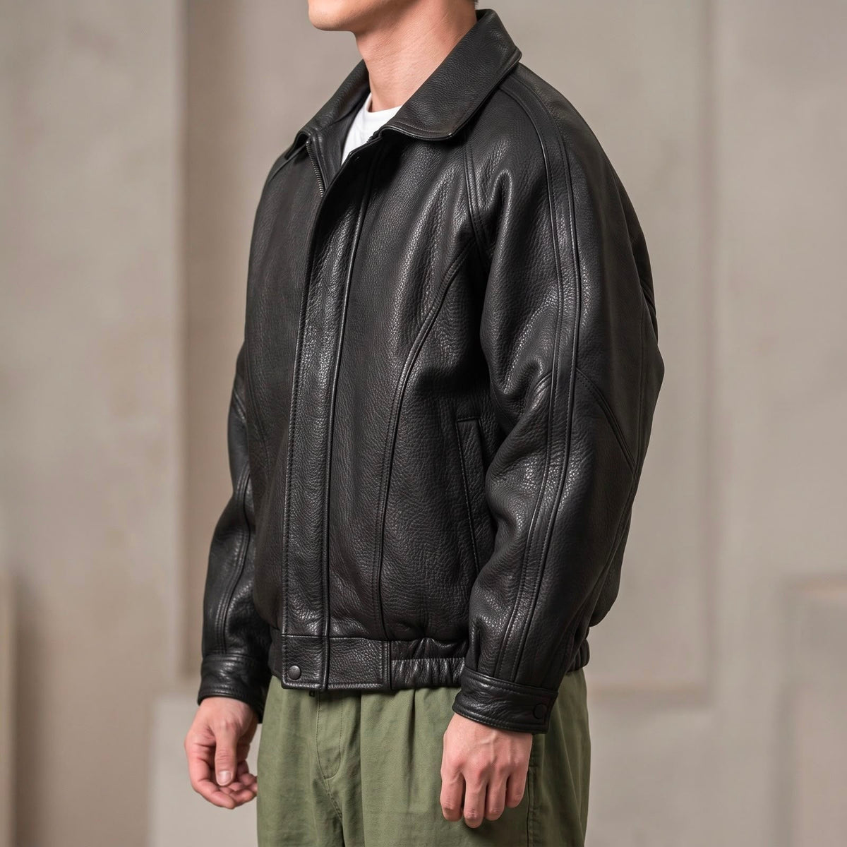 Men's Faux Leather Zip Jacket with Structured Collar for Spring 2