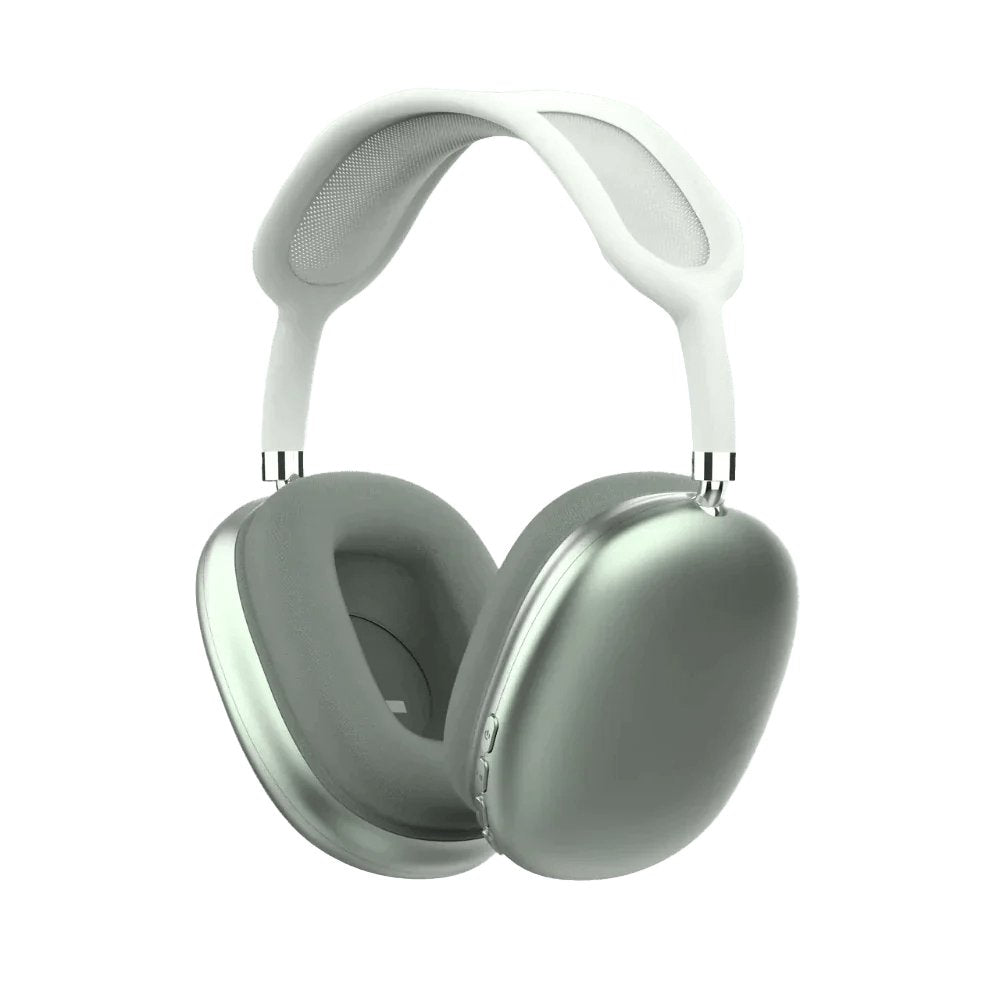 Silberne Over-Ear-Kopfhörer, geräuschunterdrückend, modernes Design, bequemer Kopfbügel.