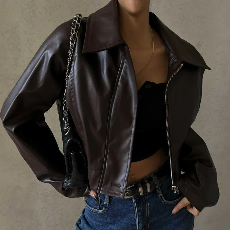 Women's brown PU leather autumn jacket with lapel collar – Rivka